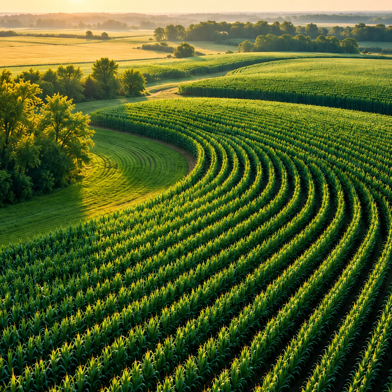 Illustrative landscape of curved green crop rows in morning light